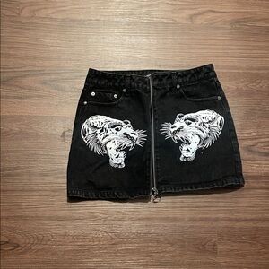 Black Denim Skirt with Tiger Print